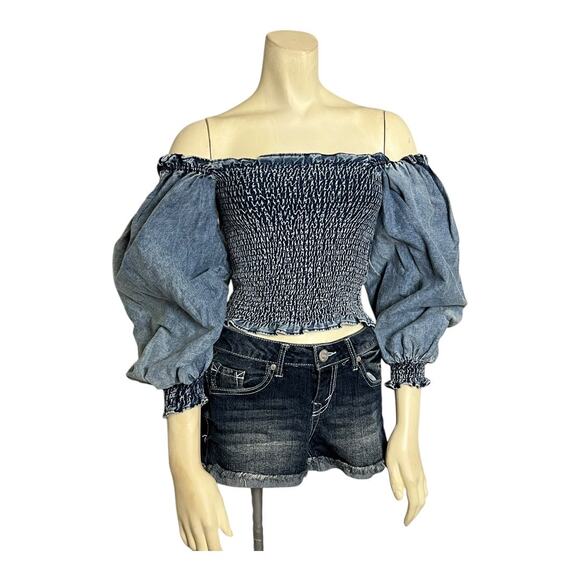 Something Navy Tops - Something Navy Off-Shoulder Puff Sleeve Smocked Chambray Top Blue Women's S Chic